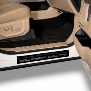 Ford Super Duty Door Sill Protectors - Front + Rear - Putco - T-304 Stainless Steel, Mirror-Polished, Laser-Etched Logo, 4-Piece Set, 3M Peel-and-Stick - Black Platinum - `17-`20