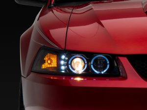 Ford Mustang LED Headlights - Raxiom - Dual LED Halo Projector - Black - `99-`04