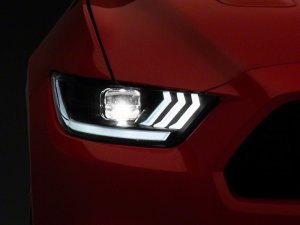 Ford Mustang LED Headlights - Raxiom - Projector LED with Tri-Bar LED Accents - Black Housing - `15-`17