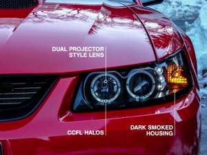 Ford Mustang LED Headlights - Raxiom - Dual LED Halo Projector - Black Housing, Smoked Lens - `99-`04 Ford Mustang LED Headlights - Raxiom - Dual LED Halo Projector - Black Housing, Smoked Lens - `99-`04