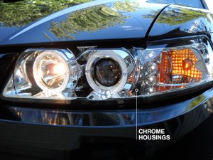 Ford Mustang LED Headlights - Raxiom - Dual LED Halo Projector - Chrome - `99-`04