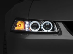 Ford Mustang LED Headlights - Raxiom - Dual LED Halo Projector - Chrome - `99-`04