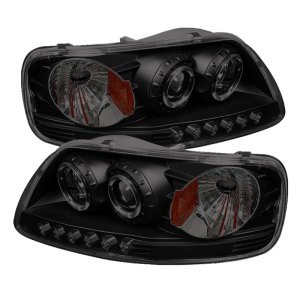 Ford F150 Headlights - SPYDER - LED Halo - Amber Reflector - Black Smoke - `97-`03