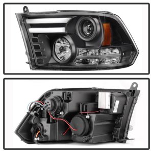 Dodge Ram Headlights - SPYDER - Projector Headlights + Light Bar DRL - Black - `09-`12
