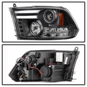 Dodge Ram Headlights - SPYDER - Projector Headlights + Light Bar DRL - Black - `09-`12