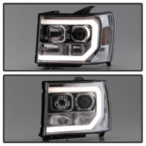 GMC Sierra Headlights - SPYDER - Projector, Version 2, Light Bar DRL LED - Chrome - `07-`13
