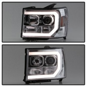 GMC Sierra Headlights - SPYDER - Projector, Version 2, Light Bar DRL LED - Chrome - `07-`13