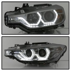 BMW 3 Series Headlights - SPYDER - Projector, LED DRL, Bulbs Included - Smoke - `12-`14