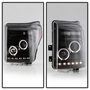 Ford Super Duty Headlights - SPYDER - Projector LED Halo DRL - Black - `11-`16