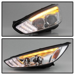 Ford Focus Headlight Set - SPYDER - Projector, Sequential Turn Signal, Low Beam-H7/High Beam-H1, Signal-LED - Chrome - `15-`18