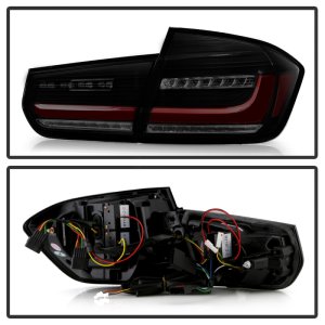 BMW 3 Series Tail Lights - SPYDER - Full LED, Red Light Bar, Sequential Turn Signal - Black Smoke - `12-`18 BMW 3 Series Tail Lights - SPYDER - Full LED, Red Light Bar, Sequential Turn Signal - Black Smoke - `12-`18