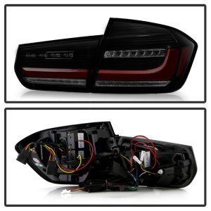 BMW 3 Series Tail Lights - SPYDER - Full LED, Red Light Bar, Sequential Turn Signal - Black Smoke - `12-`18 BMW 3 Series Tail Lights - SPYDER - Full LED, Red Light Bar, Sequential Turn Signal - Black Smoke - `12-`18