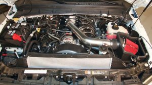 Ford F250 Performance Air Intake - Driver side - Spectre - Polished Aluminum Tube + 2-piece Heat Shield - Polished w/Red Filter - `11-`14