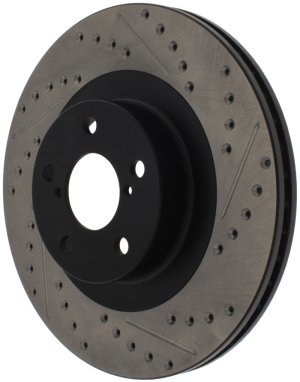 Subaru Baja Brake Rotor (1) - Front Right - Stoptech - Slotted & Drilled - Black E-Coated - `03-`06