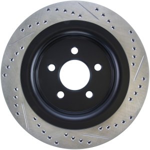 Ford Mustang Brake Rotor (1) - Rear Right - Stoptech - Slotted & Drilled - Black - `15-`20