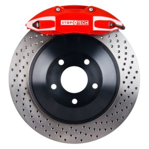 Volkswagen Jetta Big Brake Kit - Front - Stoptech - ST-41 Calipers + Drilled 1-Piece Rotors (328x25mm) - Red - `05-`12
