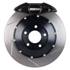 Subaru Impreza Brake Kit - Rear - Stoptech - Slotted Two-Piece Rotors + Street Performance Pads + Stainless Steel Lines - Black - `98-`01