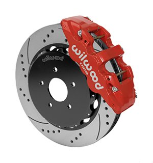 Nissan 370Z Brake Kit - Front - Wilwood - AERO6 Calipers + Drilled Rotors - Red - `09-`13
