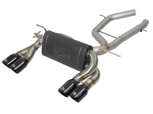 BMW M3 Performance Exhaust - Rear - aFe - MACH Force-Xp Axle-Back, 2.5–3 in 304 Stainless Steel, Quad 3.5 in Black Tips, Factory Exhaust Valve, Transverse Muffler - Gloss Black - `15-`20