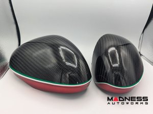 Alfa Romeo Giulia Mirror Covers - Carbon Fiber - Full Replacements - Red Stripe w/ QV Logo - Take Off