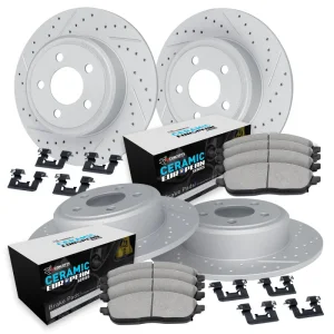 Alfa Romeo Giulia Brake Kit - Front + Rear - R1 Concepts - Drilled/Slotted Rotors + Ceramic Pads - `17-`25