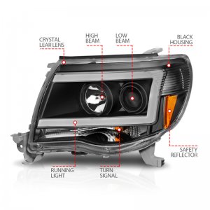 Toyota Tacoma Projector Headlights - ANZO - Light Bar Style w/ C Light Bar - Black Housing - Clear Lens - `05-`09