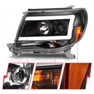 Toyota Tacoma Projector Headlights - ANZO - Light Bar Style w/ C Light Bar - Black Housing - Clear Lens - `05-`09