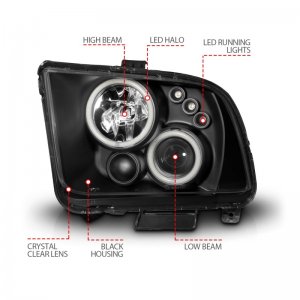 Ford Mustang Projector Headlights - ANZO - Halo, Clear Lens, Black Housing, Pair, CCFL - Black - `05-`09