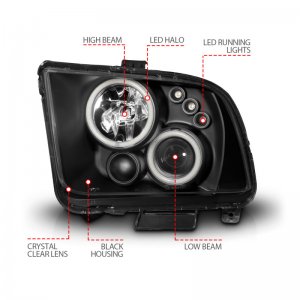 Ford Mustang Projector Headlights - ANZO - Halo, Clear Lens, Black Housing, Pair, CCFL - Black - `05-`09