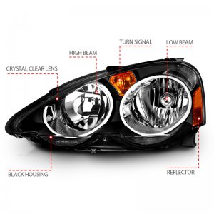 Acura RSX Crystal Headlights - Front - ANZO - Clear Lens, Black Housing - Black - `02-`04