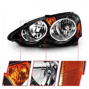 Acura RSX Crystal Headlights - Front - ANZO - Clear Lens, Black Housing - Black - `02-`04