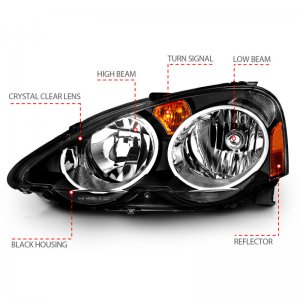 Acura RSX Crystal Headlights - Front - ANZO - Clear Lens, Black Housing - Black - `02-`04