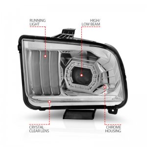 Ford Mustang Projector Headlights - ANZO - w/ Light Bar - Chrome - `05-`09