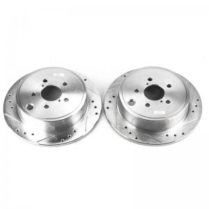 Subaru Impreza Brake Rotors (2) - Rear - PowerStop - Evolution Drilled & Slotted Zinc Plated - Silver - `08-`14