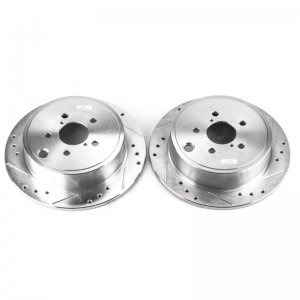 Subaru Impreza Brake Rotors (2) - Rear - PowerStop - Evolution Drilled & Slotted Zinc Plated - Silver - `08-`14