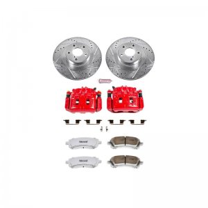 Subaru Impreza Brake Kit - Front - PowerStop - Drilled & Slotted Rotors + Carbon-Fiber Ceramic Pads + Powder Coated Calipers - `02-`03