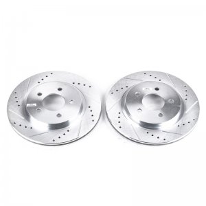 Ford Mustang Brake Rotors (2) - Rear - PowerStop - Evolution Drilled & Slotted Zinc Plated Rotors - Silver - `05-`14
