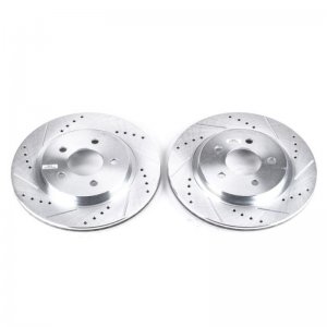 Ford Mustang Brake Rotors (2) - Rear - PowerStop - Evolution Drilled & Slotted Zinc Plated Rotors - Silver - `05-`14