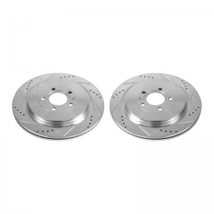 Ford Mustang Brake Rotors (2) - Rear - PowerStop - Evolution Drilled & Slotted Zinc Plated - Silver - `13-`14