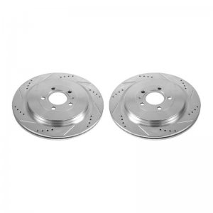 Ford Mustang Brake Rotors (2) - Rear - PowerStop - Evolution Drilled & Slotted Zinc Plated - Silver - `13-`14