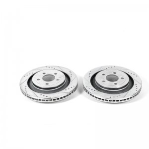 Ford Mustang Brake Rotors (2) - Rear - PowerStop - Evolution Drilled, Slotted & Plated - Silver - `15-`20