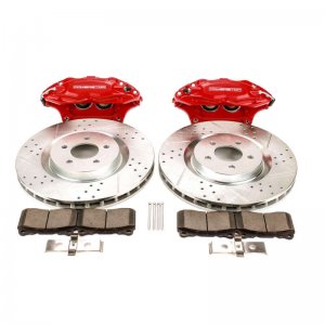 Ford Mustang Brake Kit - Front - PowerStop - Z26 Extreme Rotors + Z26 Extreme Pads + 4 Piston Red Powder Coated Calipers - Red - `05-`14