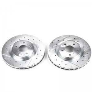 Nissan 350Z Brake Rotors (2) - Front - PowerStop - Evolution Drilled & Slotted Zinc Plated - Silver - `03-`08