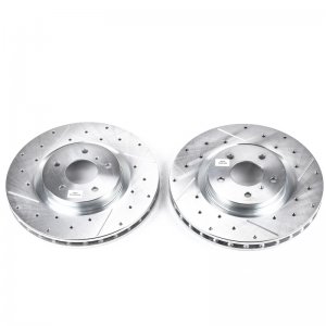 Nissan 350Z Brake Rotors (2) - Front - PowerStop - Evolution Drilled & Slotted Zinc Plated - Silver - `03-`08