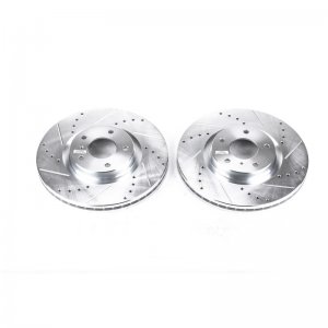 Nissan 350Z Brake Rotors (2) - Front - PowerStop - Evolution Drilled & Slotted - Silver Zinc - `06-`09