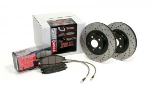 Subaru Impreza Brake Kit - Front - Stoptech - Drilled Rotors + Sport Pads + Stainless Steel Hoses - Black - `02-`05