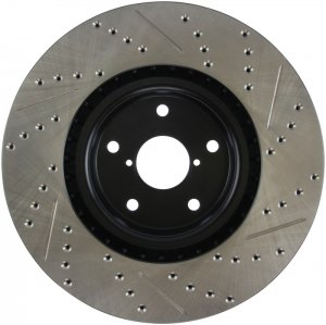 Subaru Impreza Brake Rotor (1) - Front Right - Stoptech - Slotted & Drilled - Black - `05-`14