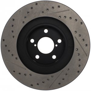 Subaru Impreza Brake Rotor (1) - Front Right - Stoptech - Slotted & Drilled - Black E-Coated - `02-`08