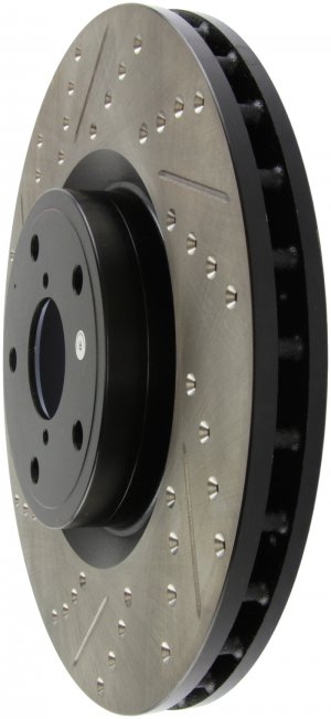 Subaru Impreza Brake Rotor (1) - Front Right - Stoptech - Slotted & Drilled - Black - `05-`14