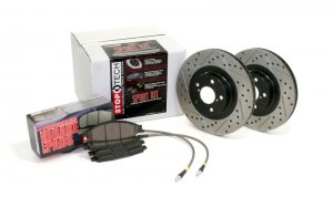 Subaru Impreza Brake Kit - Front + Rear - Stoptech - Drilled/Slotted Rotors + StopTech Sport Pads + Stainless Steel Hoses - Black - `09-`10